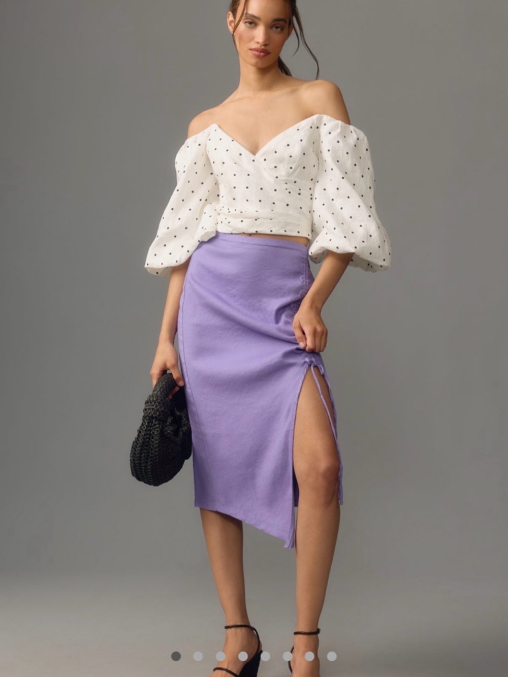 By Anthropologie Ruched Side-Slit Linen Midi Skirt